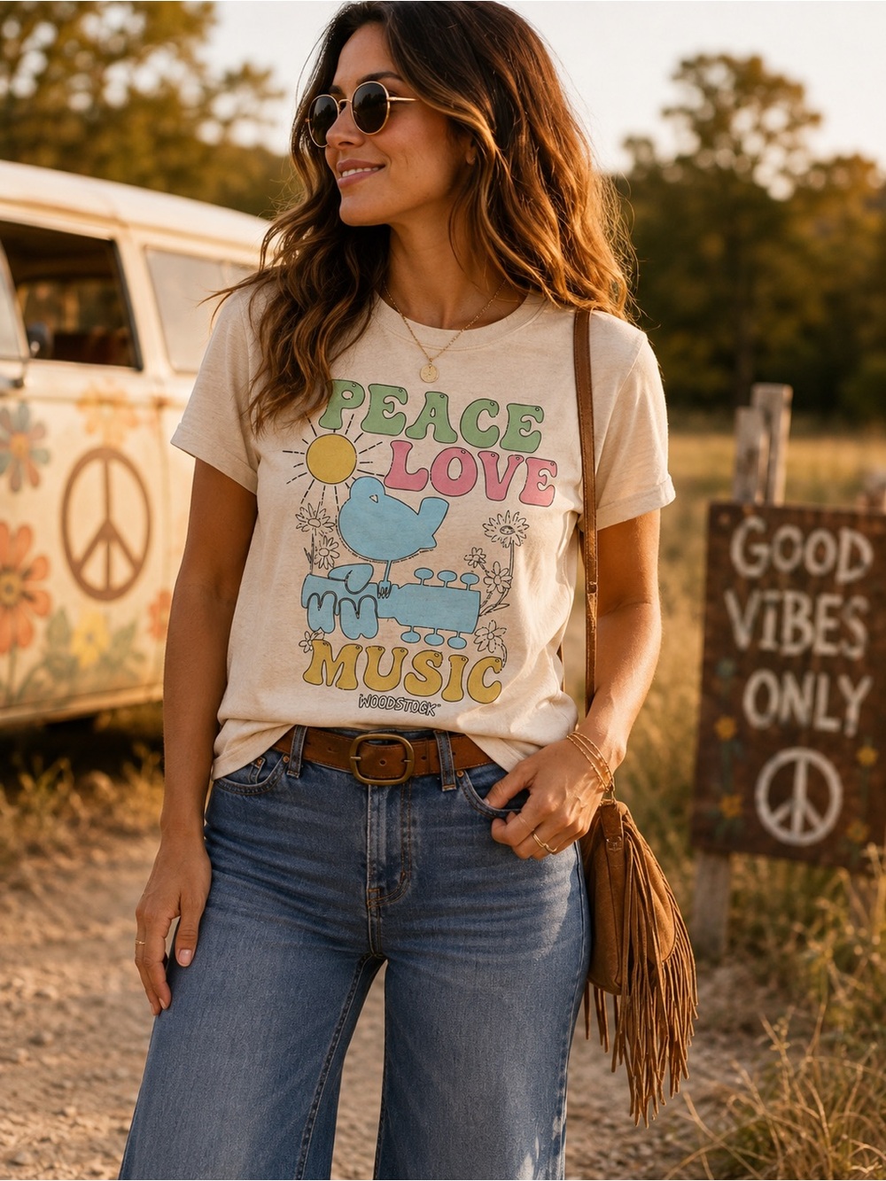 Woodstock Peace Love Music Retro Graphic Crop Tee Medium Cream